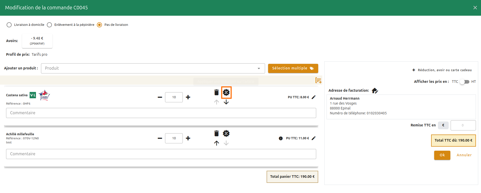 Configuration des commandes